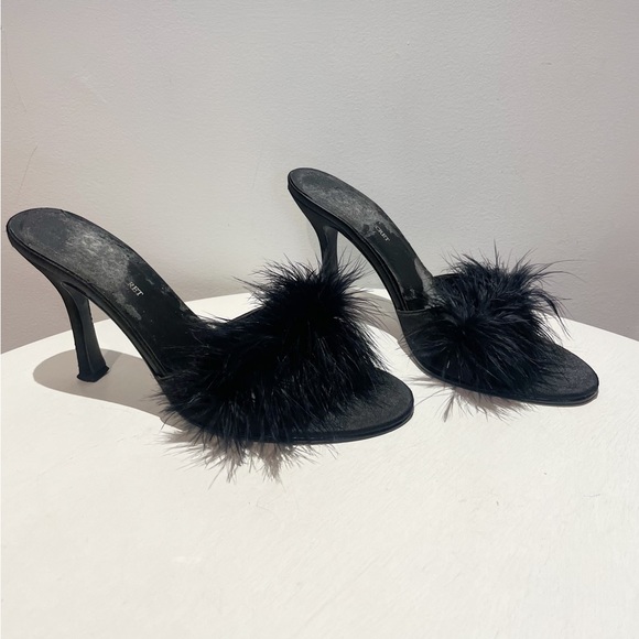 Vintage 90s Victoria Secret Black Boa Satin Heels/Pumps - Picture 3 of 9